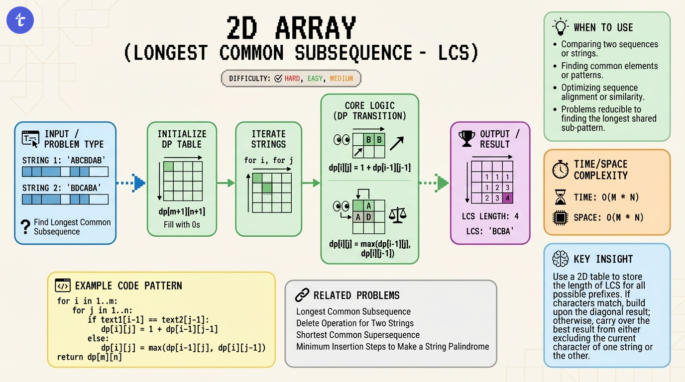 DP - 2D Array (Longest Common Subsequence - LCS) Pattern Visualization for LeetCode 1143: Longest Common Subsequence